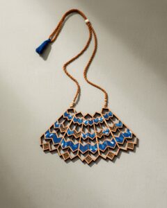 Blue Wave Pattern Kalamkari Handcrafted Upcycled Fabric and Reimagined Wood Necklace