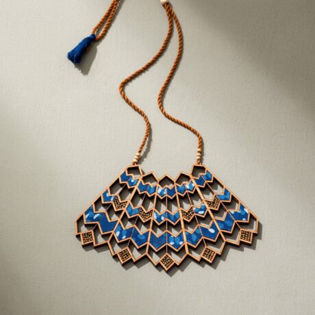 Blue Wave Pattern Kalamkari Handcrafted Upcycled Fabric and Reimagined Wood Necklace
