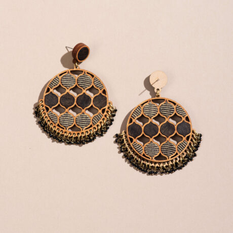 Black Festive Round Upcycled Fabric and Repurposed Wood Earrings