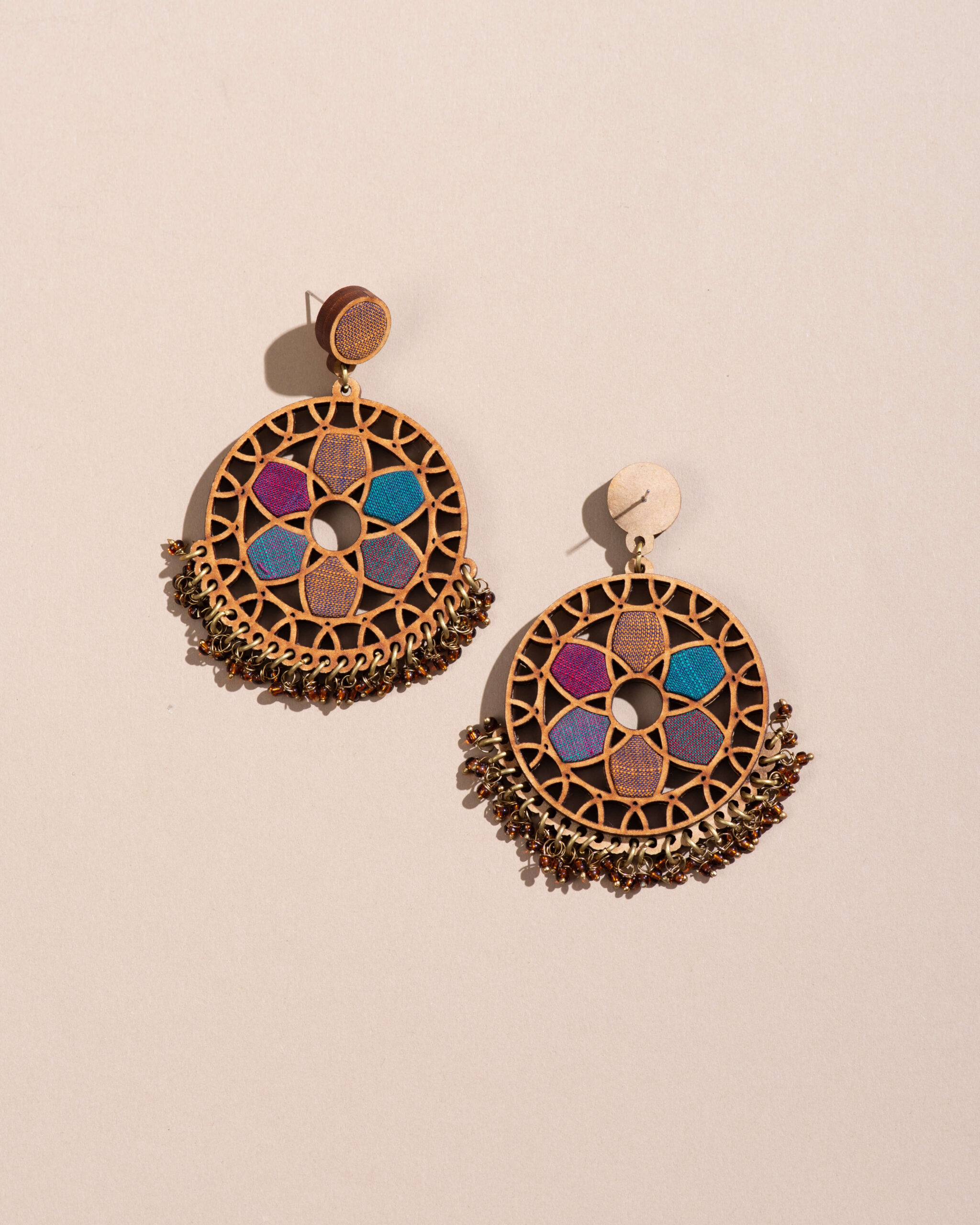 Violet Wheel Handcrafted Upcycled Fabric and Reimagined Wood Earrings - Image 2