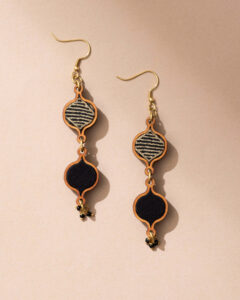 Black Festive Round Handcrafted Upcycled Fabric and Reimagined Wood Earrings