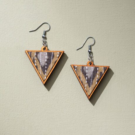 Brown Handcrafted Upcycled Fabric and Reimagined Wood Triangular Earrings