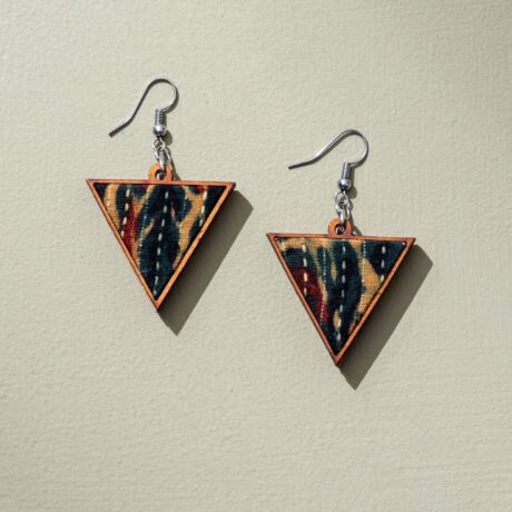 Green Handcrafted Upcycled Fabric and Reimagined Wood Triangular Earrings