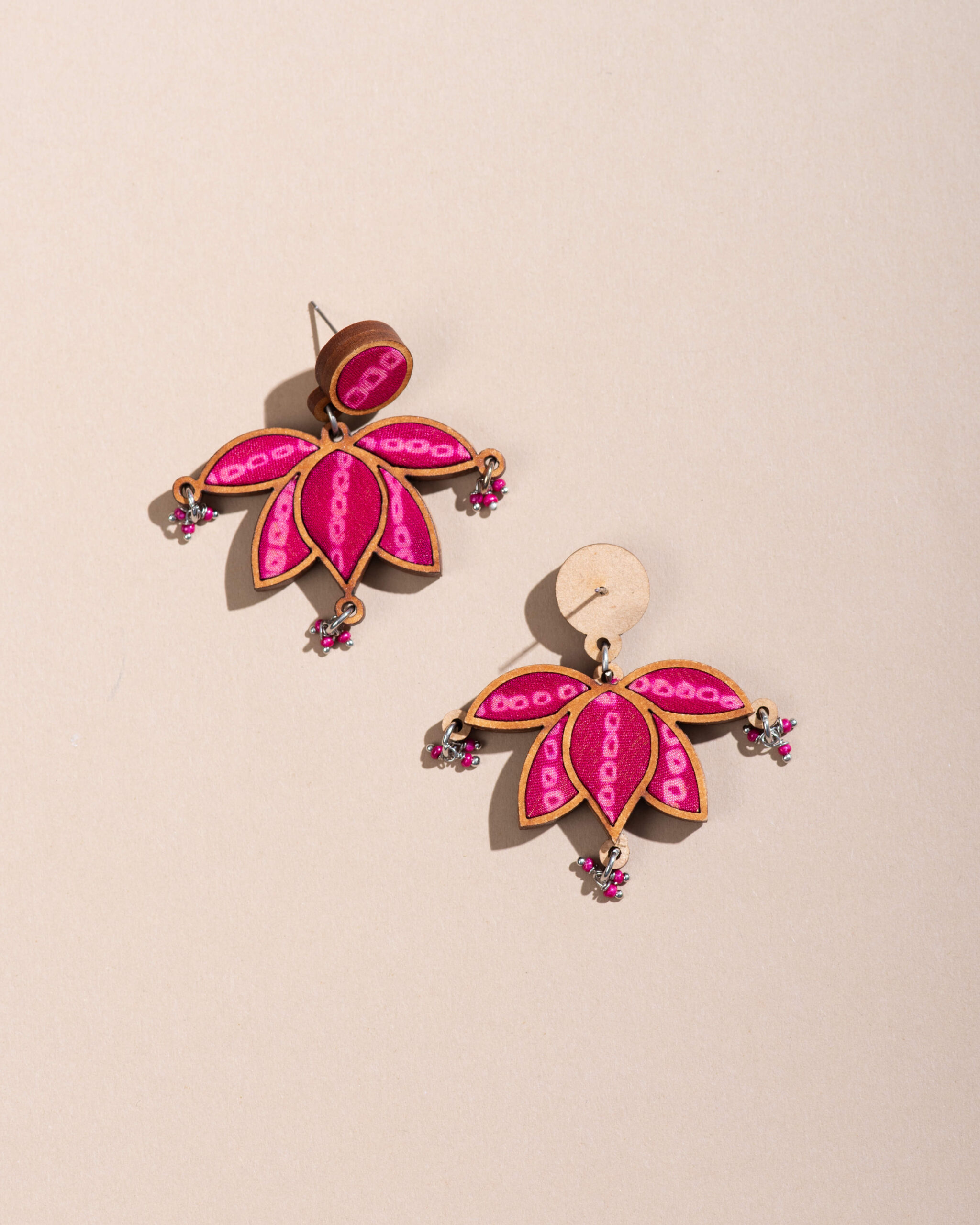 Pink Pure Georgette Bandhani Handcrafted Upcycled Fabric and Reimagined Wood Statement Lotus Earrings - Image 2