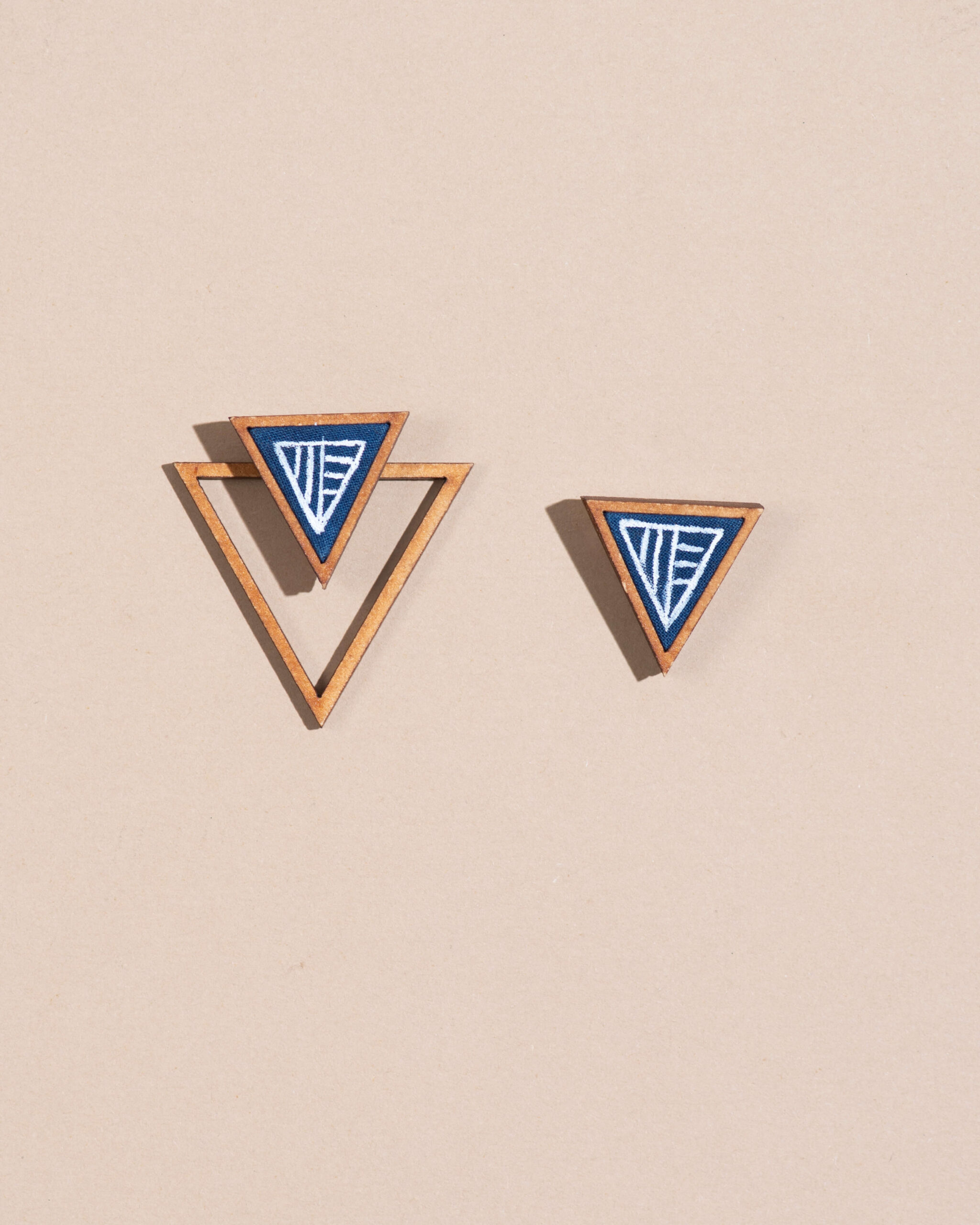 Hand Painted Blue Two Look in One Handcrafted Upcycled Fabric and Reimagined Wood Triangle Earring - Image 2