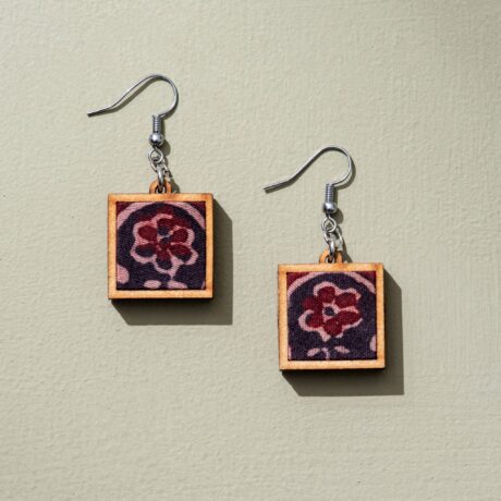 Black Handcrafted Upcycled Ajrakh Fabric and Reimagined Wood Earrings
