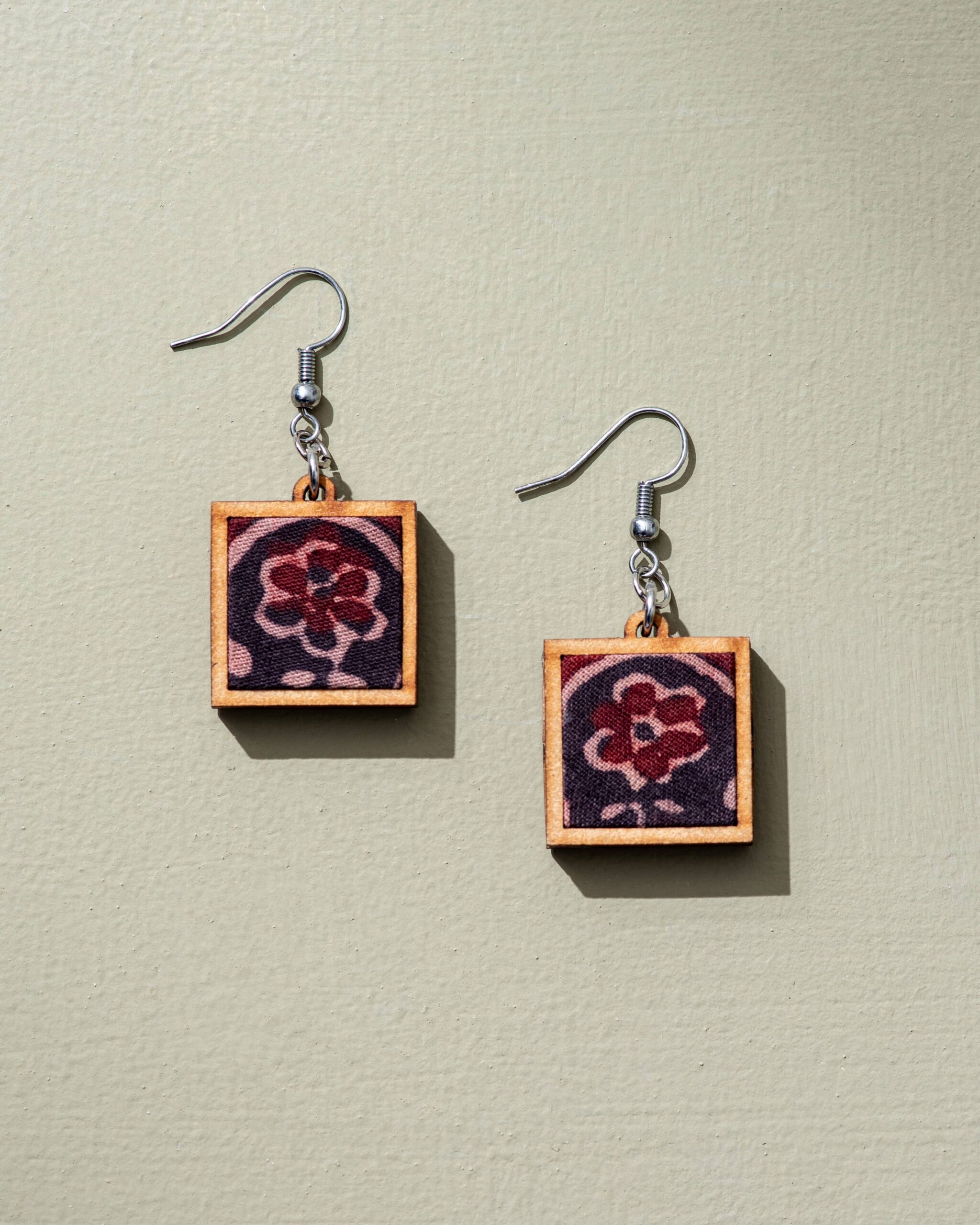 Black Handcrafted Upcycled Ajrakh Fabric and Reimagined Wood Earrings