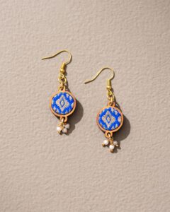 Blue Brocade Festive Reimagined Fabric and Wood Earrings