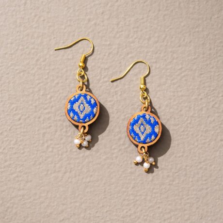 Blue Brocade Festive Reimagined Fabric and Wood Earrings