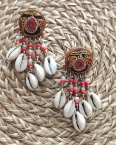 Handcrafted Hand Embroidered Orange Earrings with Cowry