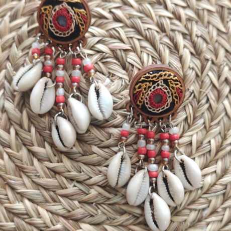 Handcrafted Hand Embroidered Orange Earrings with Cowry
