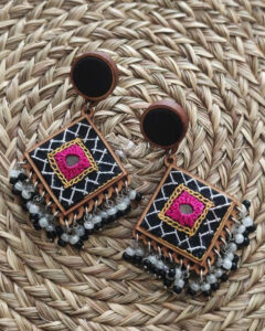 Handcrafted Hand Embroidered Fluorescent Pink Diamond Stud Earrings