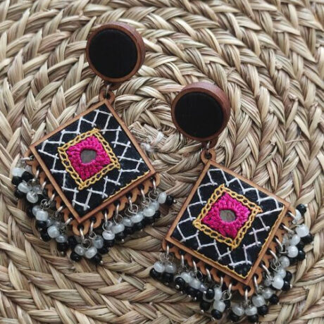 Handcrafted Hand Embroidered Fluorescent Pink Diamond Stud Earrings