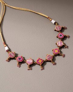 Pink Festive Handcrafted Upcycled Fabric and Reimagined Wood Choker Necklace