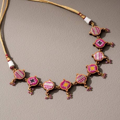 Pink Festive Handcrafted Upcycled Fabric and Reimagined Wood Choker Necklace