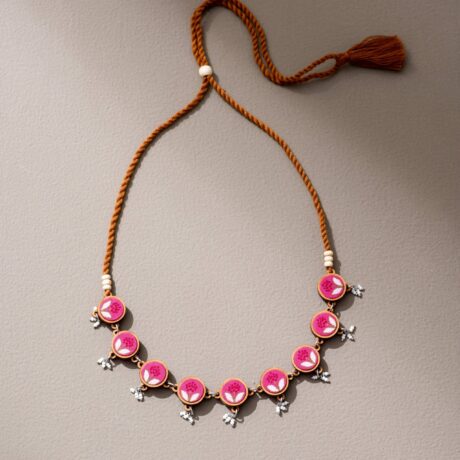 Pink Handcrafted Upcycled Fabric and Reimagined Wood Flower Choker Necklace