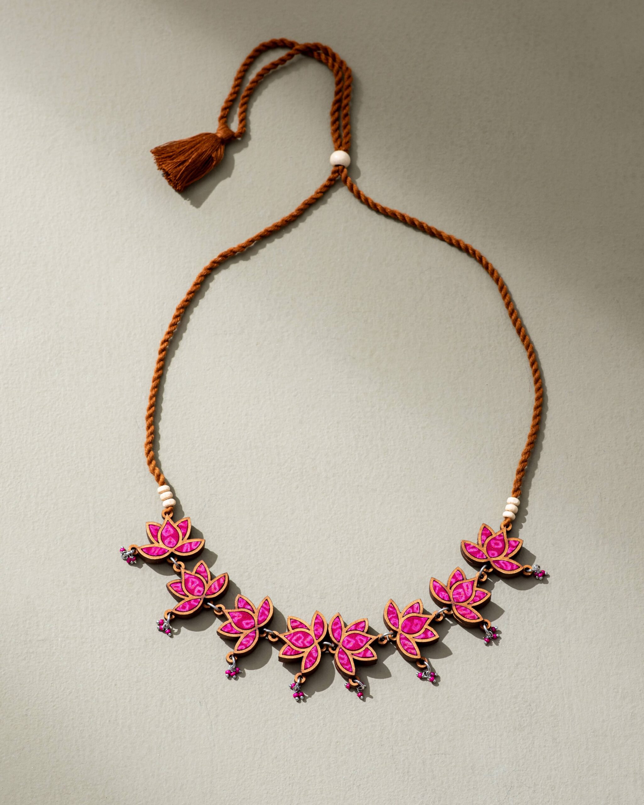 Pink Pure Georgette Bandhani Upcycled Fabric and Repurposed Wood Statement Choker Lotus Necklace
