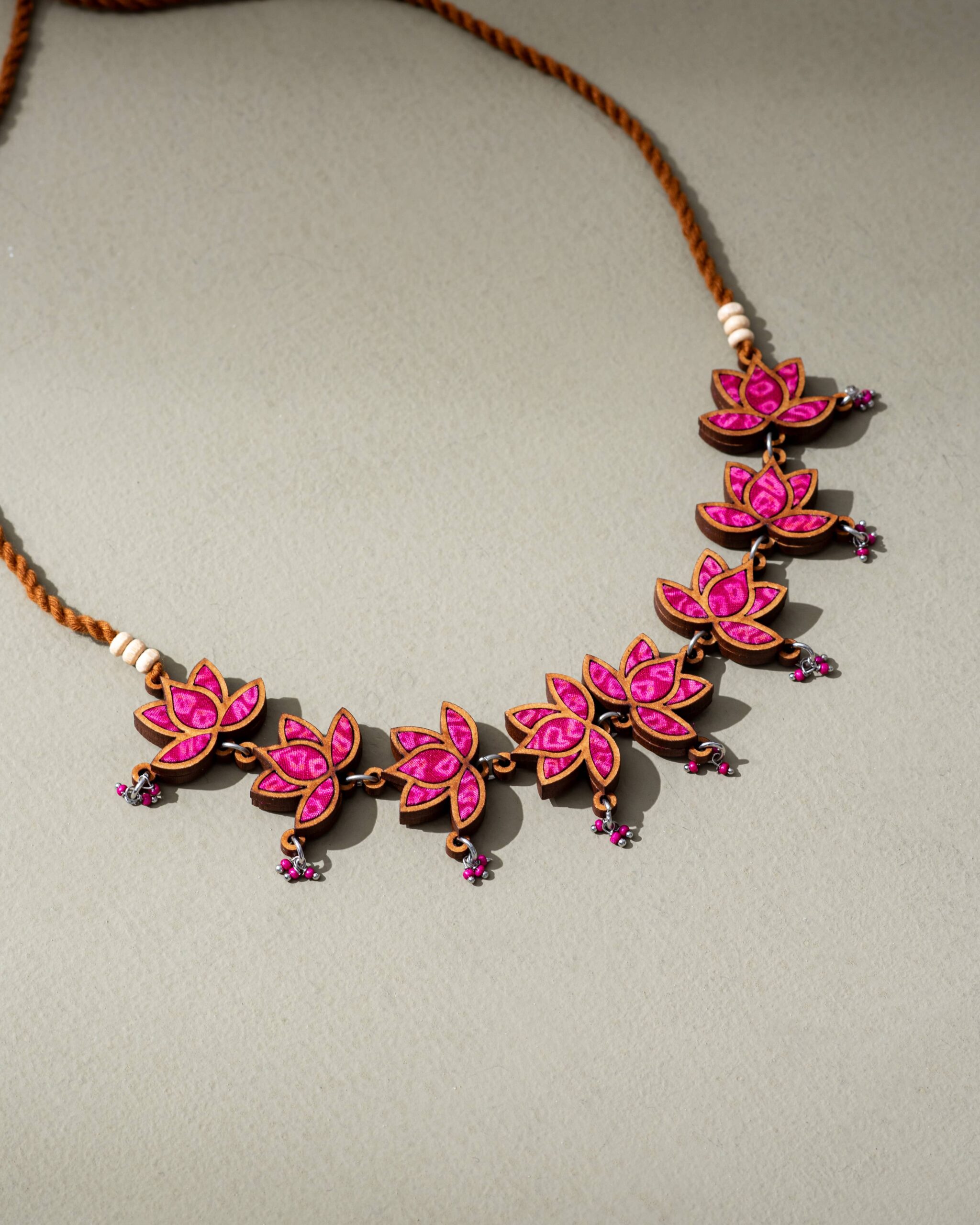 Pink Pure Georgette Bandhani Upcycled Fabric and Repurposed Wood Statement Choker Lotus Necklace - Image 2