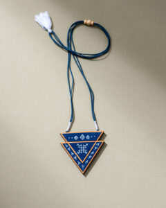 Hand Painted Blue Handcrafted Upcycled Fabric and Reimagined Wood Triangular Necklace