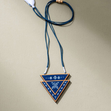 Hand Painted Blue Handcrafted Upcycled Fabric and Reimagined Wood Triangular Necklace