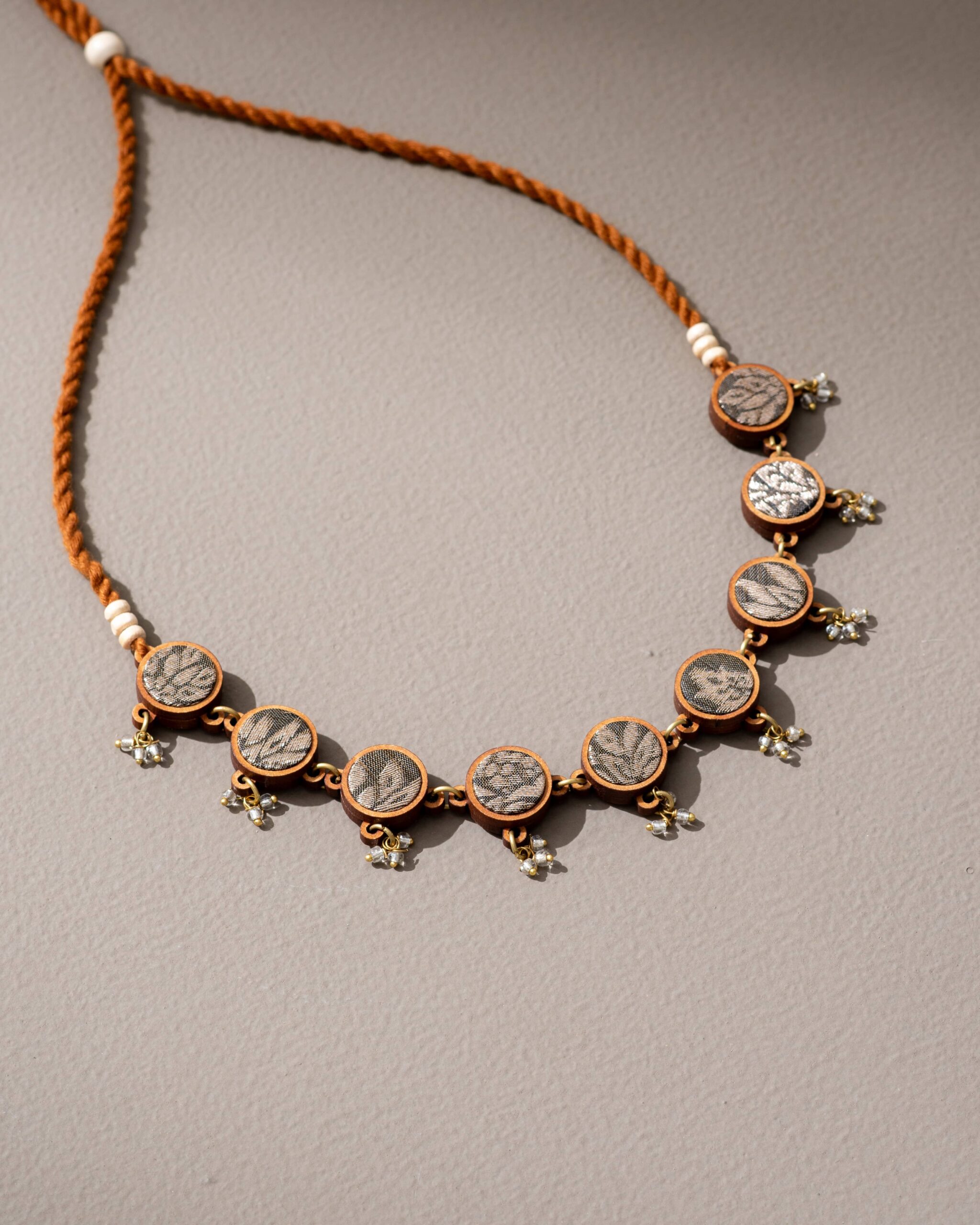 Brocade Festive Handcrafted Upcycled Fabric and Wood Adjustable Choker Necklace - Image 2