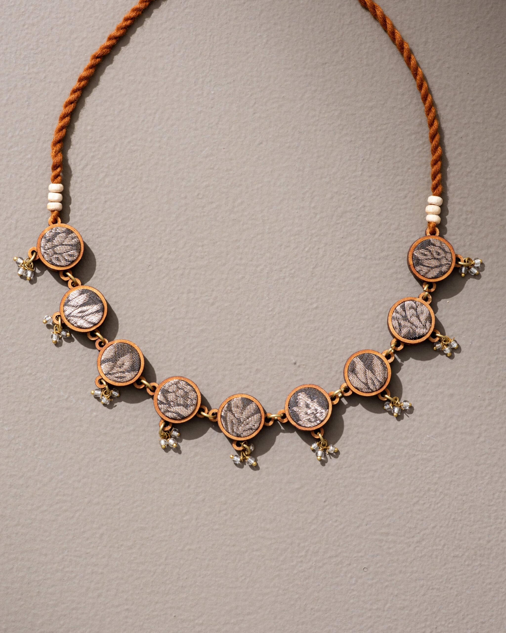 Brocade Festive Handcrafted Upcycled Fabric and Wood Adjustable Choker Necklace - Image 3