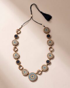 Reversible 2-In-1 Blue Green Reimagined Fabric and Wood Necklace